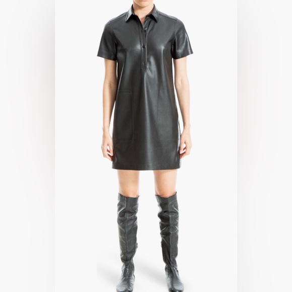 Max Studio Black Faux Leather Short Sleeve Shirtdress With Pockets - Picture 1 of 7